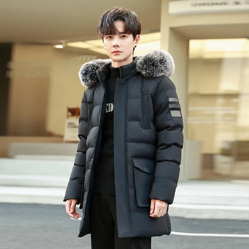 Herren Winterparka mit Kapuze Kunstfellbesatz Steppjacke Lang Warme Outdoormantel