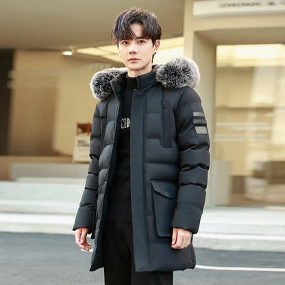 Herren Winterparka mit Kapuze Kunstfellbesatz Steppjacke Lang Warme Outdoormantel