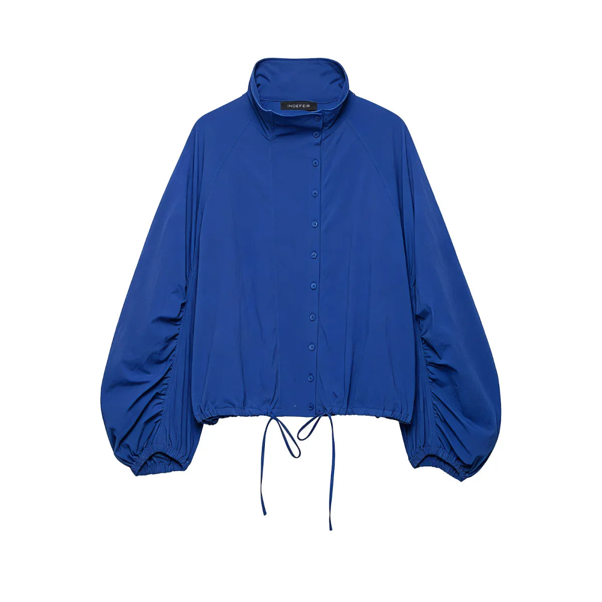Blaue Damen Bluse mit Stehkragen & Kordelzug am Saum