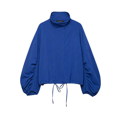 Blaue Damen Bluse mit Stehkragen & Kordelzug am Saum