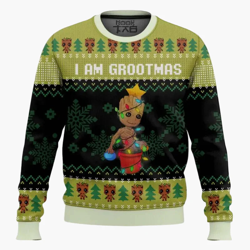 Herren Weihnachts-Sweatshirt Ugly Christmas Pullover "I am Grootmas" mit Baby Groot Motiv – Lustiger Fanartikel für Feiertage