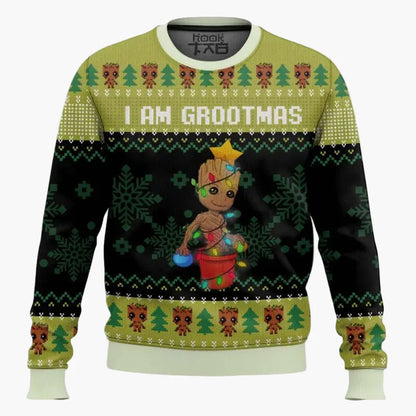 Herren Weihnachts-Sweatshirt Ugly Christmas Pullover "I am Grootmas" mit Baby Groot Motiv – Lustiger Fanartikel für Feiertage
