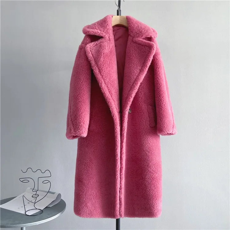 Damen Teddy-Mantel mit Reverskragen Lang Warmer Plüschmantel
