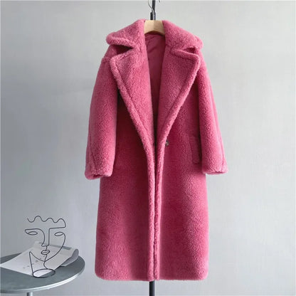 Damen Teddy-Mantel mit Reverskragen Lang Warmer Plüschmantel