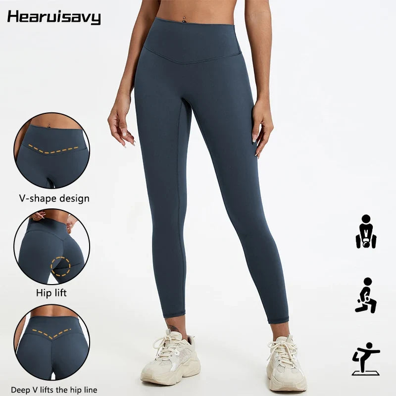 Damen Sport Leggings Hochbund V-Design Bauchkontrolle Yoga Fitness Hose