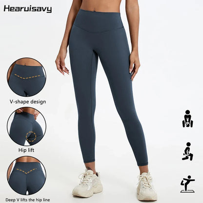 Damen Sport Leggings Hochbund V-Design Bauchkontrolle Yoga Fitness Hose