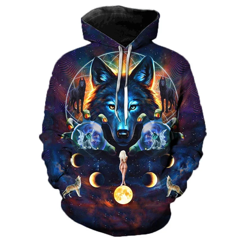 Hoodie mit Wolf-Motiv, bunte Grafik, Kapuzenpullover