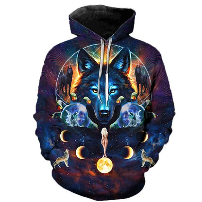 Hoodie mit Wolf-Motiv, bunte Grafik, Kapuzenpullover