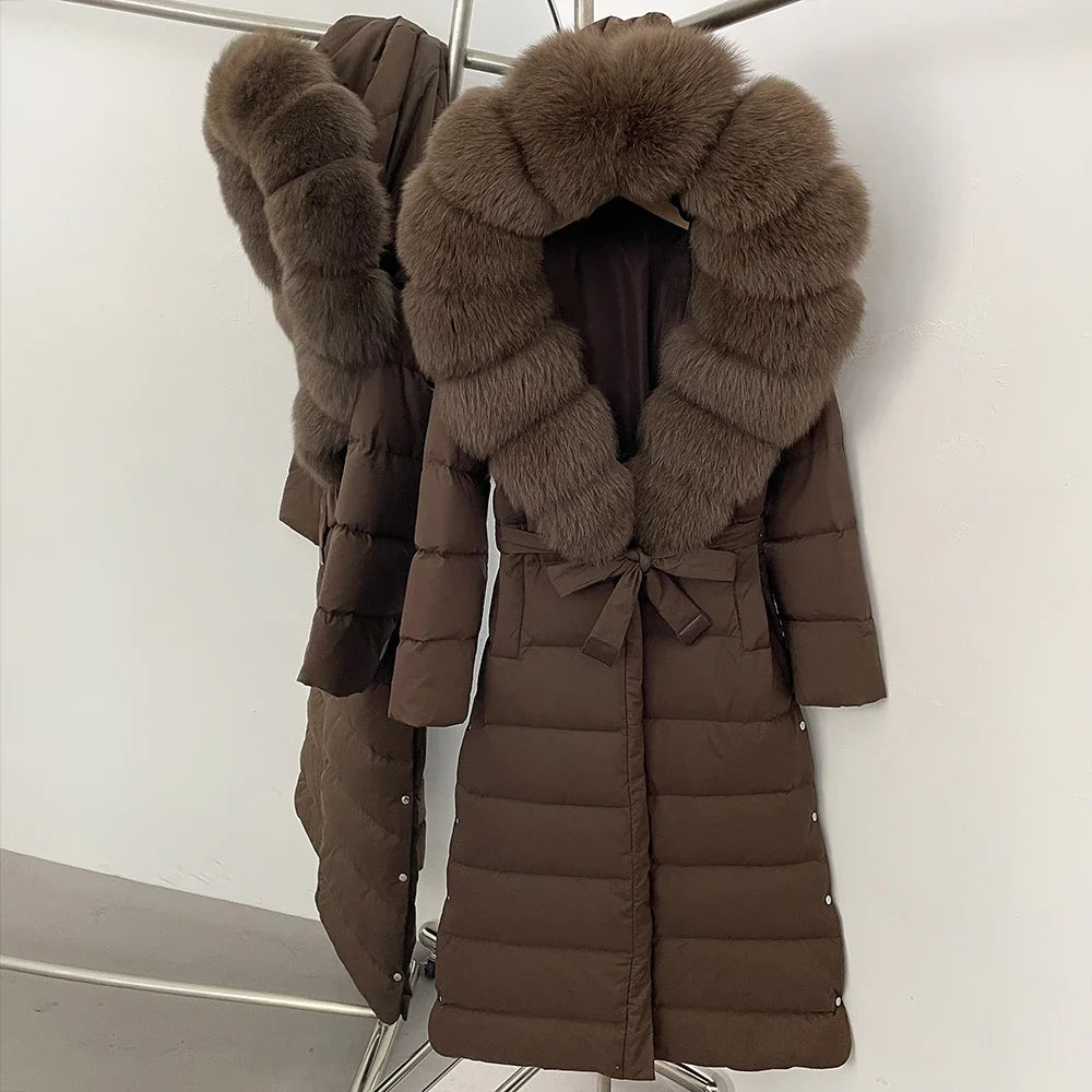 OFTBUY Grote Echte Vos Bontkraag X-Lange Puffer Jas Vrouwen Capuchon Winter Witte Eend Down Jas Dikke Vrouwelijke parka Met Riem