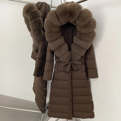 OFTBUY Grote Echte Vos Bontkraag X-Lange Puffer Jas Vrouwen Capuchon Winter Witte Eend Down Jas Dikke Vrouwelijke parka Met Riem