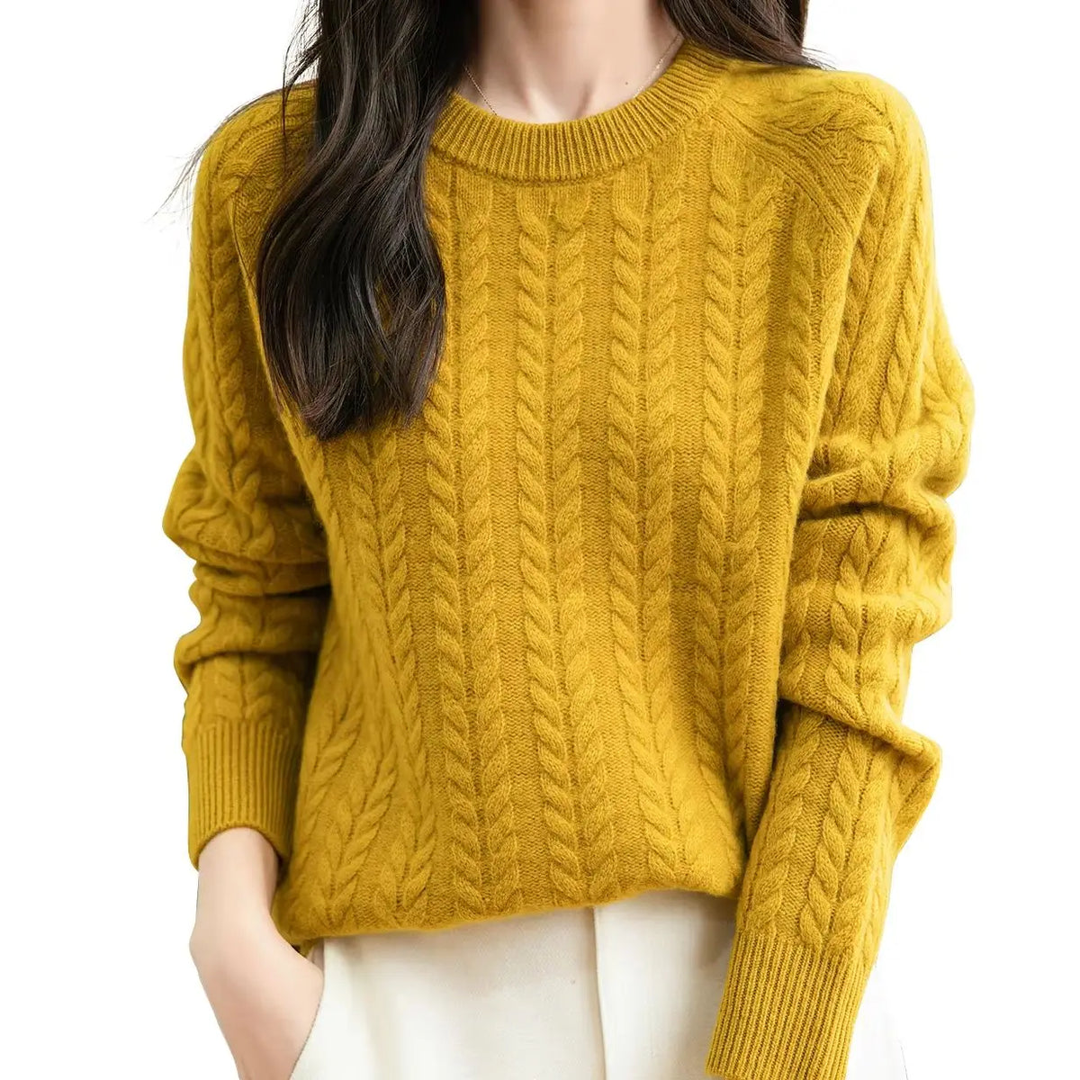 Damen Zopfstrick Pullover Rundhals Langarm Freizeit Strickpullover