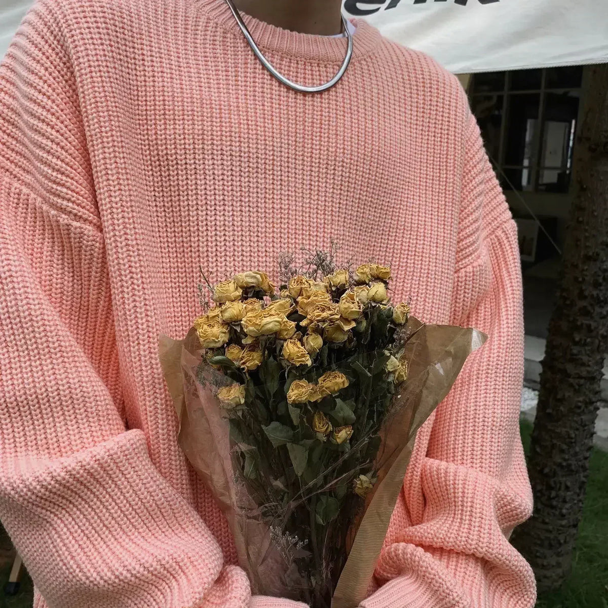 Unisex Strickpullover Oversize Rundhals Gerippt Lange Ärmel
