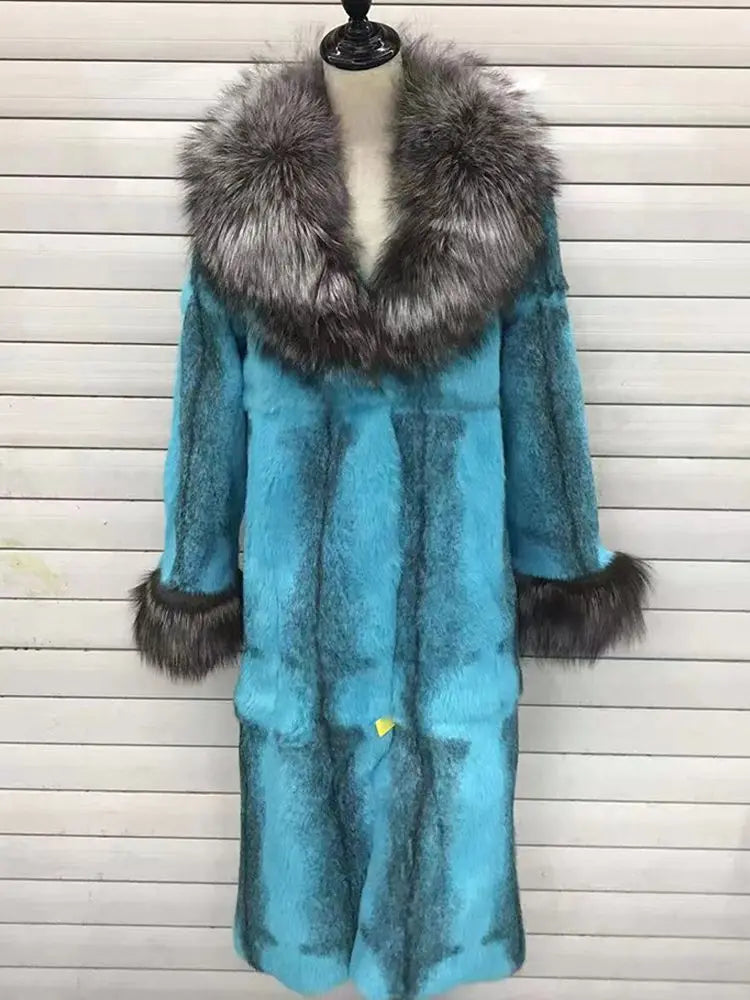 Damen Fell-Look Mantel Türkis mit breitem Kragen und Gürtel
