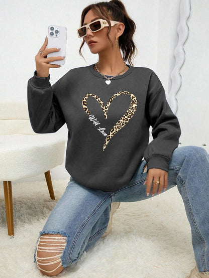 Damen Sweatshirt mit Leopardenherz-Druck Rundhals Langarm Pullover