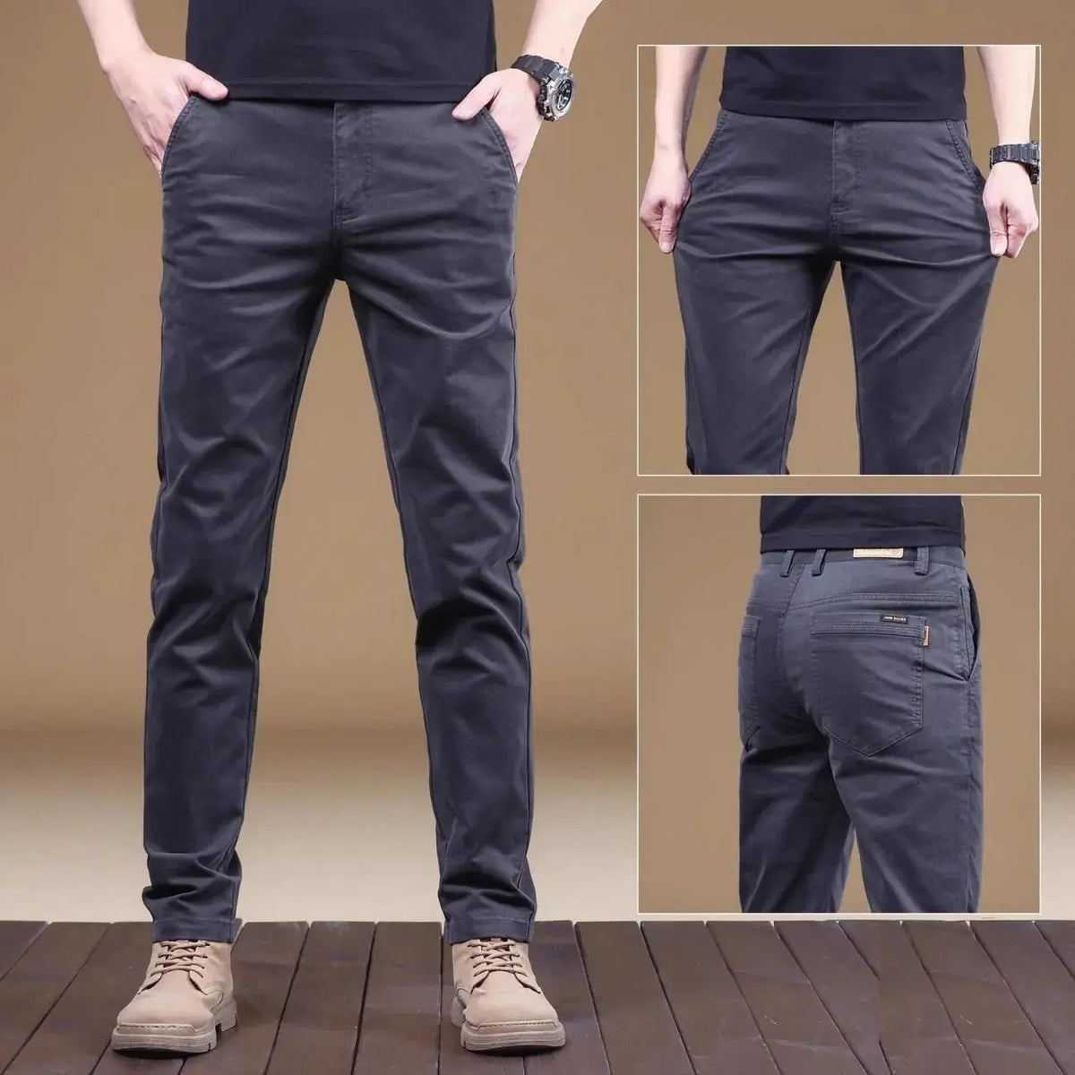 Herren Chino Hose Slim Fit mit Gesäßtaschen in Schwarz, Grau oder Khaki