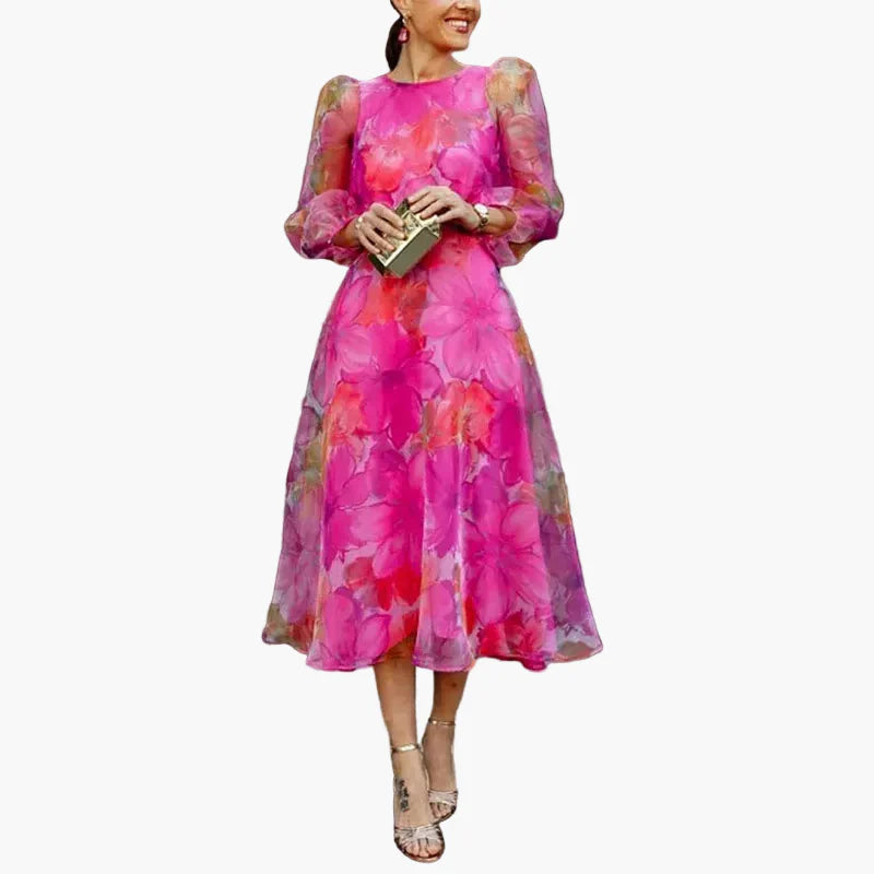 Damen Midikleid Festlich Elegant Florales Chiffonkleid für Hochzeit, Gartenparty & besondere Anlässe