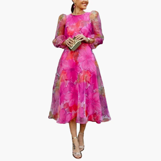 Damen Midikleid Festlich Elegant Florales Chiffonkleid für Hochzeit, Gartenparty & besondere Anlässe