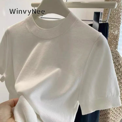 Kurzarm Rundhals Stricktop Damen Gerippter Saum