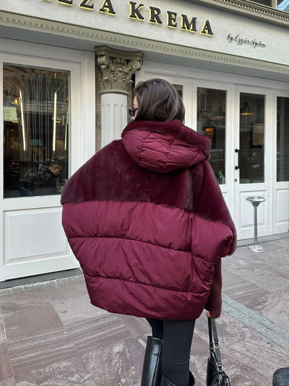 Damen Kurzmantel Plüsch-Look Gesteppt mit Kapuze und langen Ärmeln