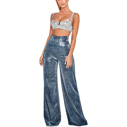 Damen Glitzer Zweiteiler Crop Top und Weite Hose Set Hochglanz Party Outfit
