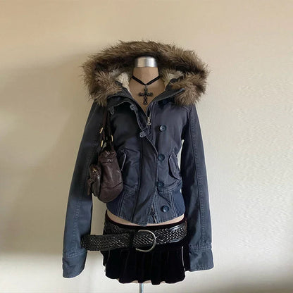 Damen Winterjacke mit Fellkapuze & Rippbündchen