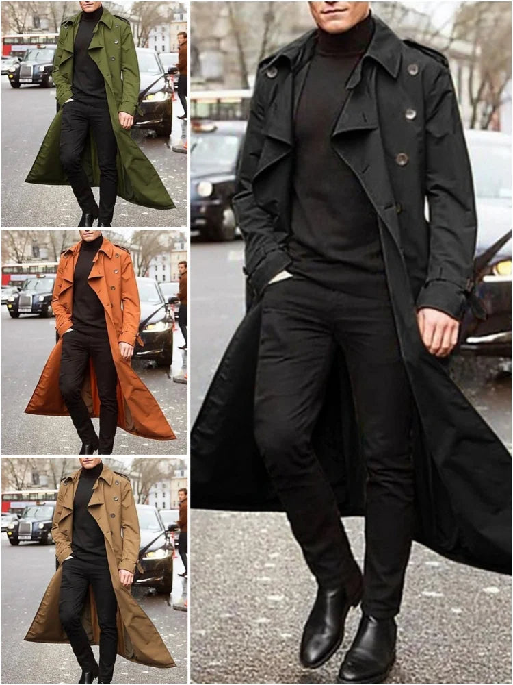 Herren Trenchcoat Lang Zweireiher mit Gürtel, Klassischer Herrenmantel für Frühling & Herbst