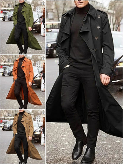 Herren Trenchcoat Lang Zweireiher mit Gürtel, Klassischer Herrenmantel für Frühling & Herbst