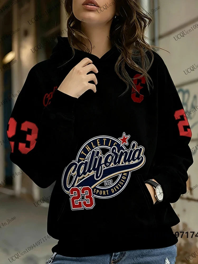 Damen Hoodie Kapuzenpullover mit California Sport Print und Bauchtasche