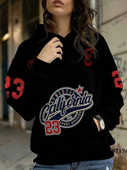 Damen Hoodie Kapuzenpullover mit California Sport Print und Bauchtasche