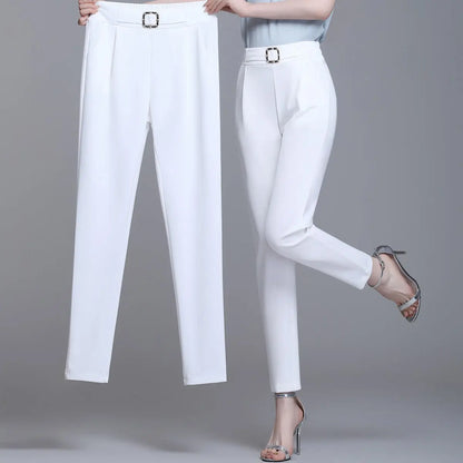 Damen Stoffhose Weiß mit Zierschnalle Hochwasser Slim Fit
