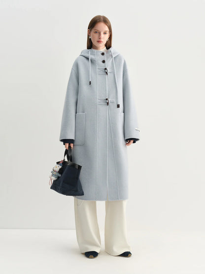 Damen Dufflecoat Langer Wintermantel mit Kapuze und Knebelverschlüssen