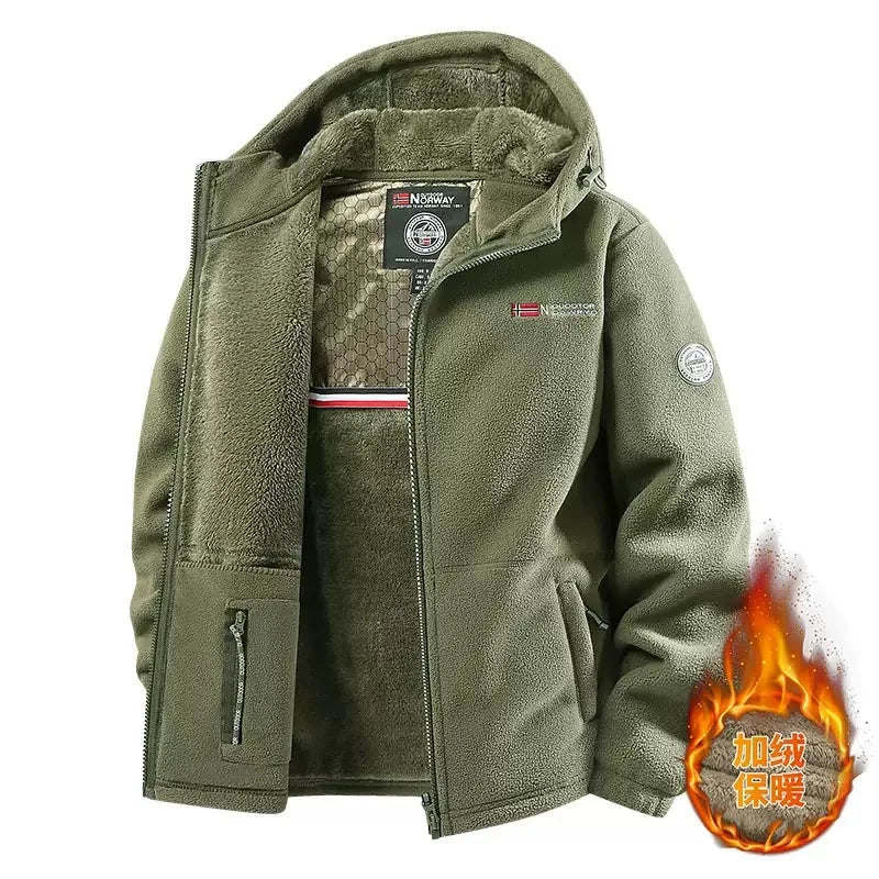 Herren Fleecejacke mit Kapuze und Plüschfutter, durchgehendem Reißverschluss
