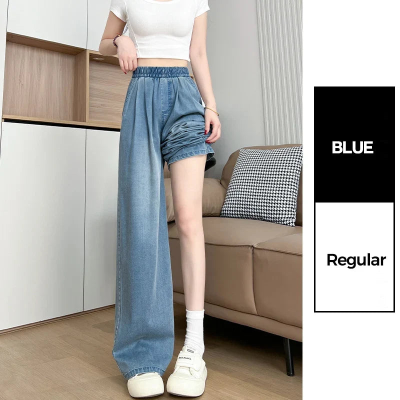 Damen Weite Hose Jeans Optik mit Gummibund Blau Schwarz Weiß