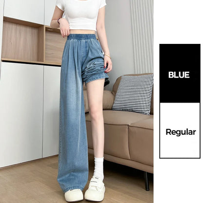 Damen Weite Hose Jeans Optik mit Gummibund Blau Schwarz Weiß