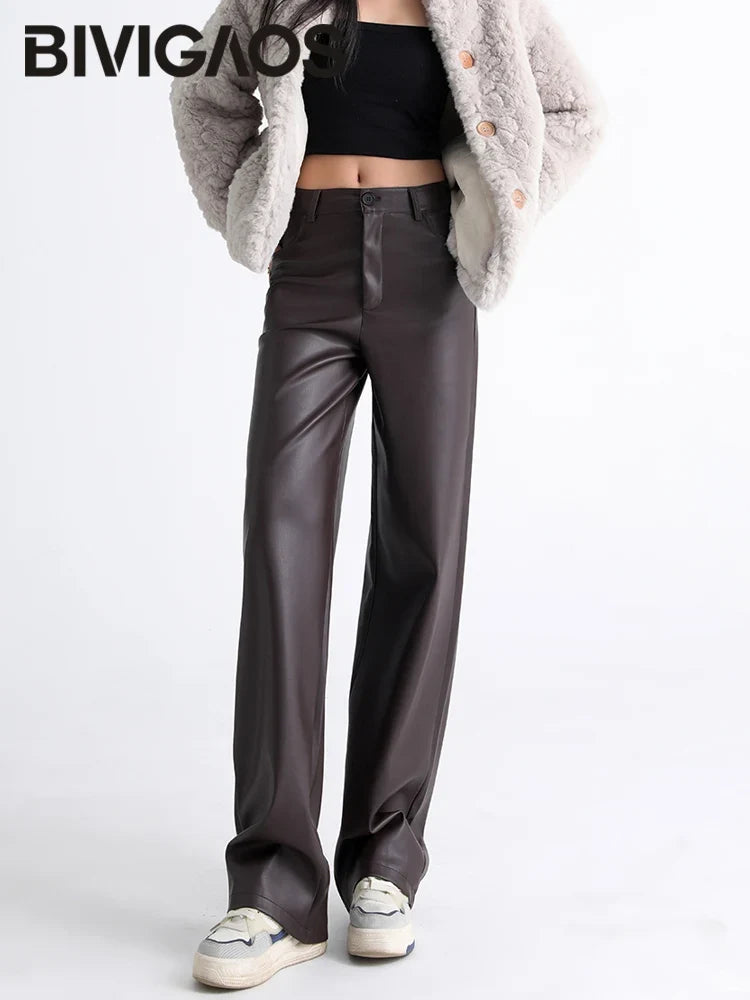 Damen Kunstlederhose Weites Bein Hoher Bund