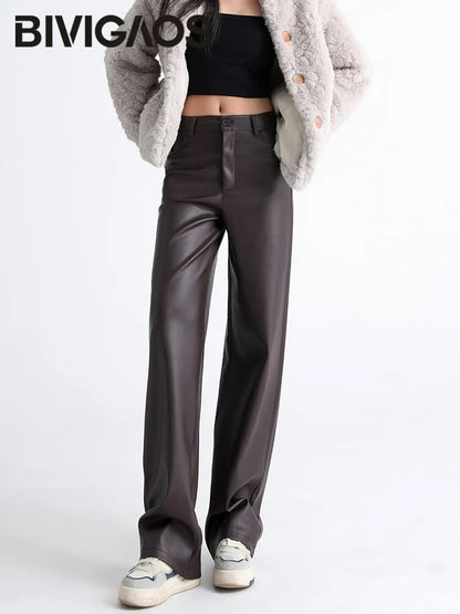Damen Kunstlederhose Weites Bein Hoher Bund