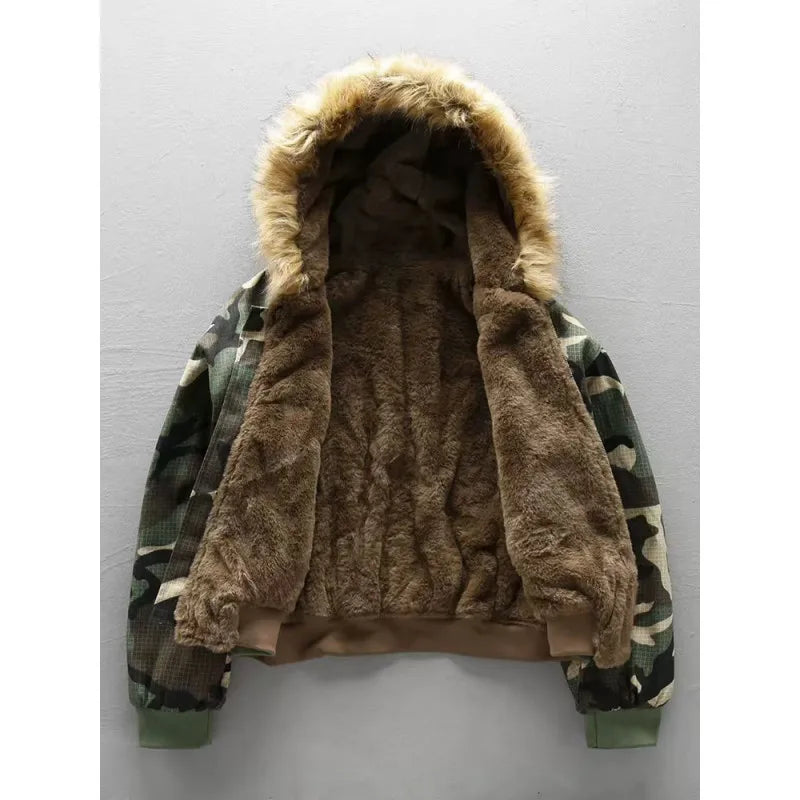 Unisex Winterjacke mit Kapuze, Teddyfell & Camouflage-Futter, Bomber-Stil