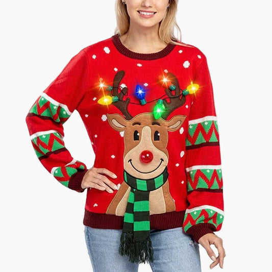 Damen Weihnachtspullover mit Rentier und LED-Lichtern – Lustiger Strickpulli für Weihnachten und Feiern