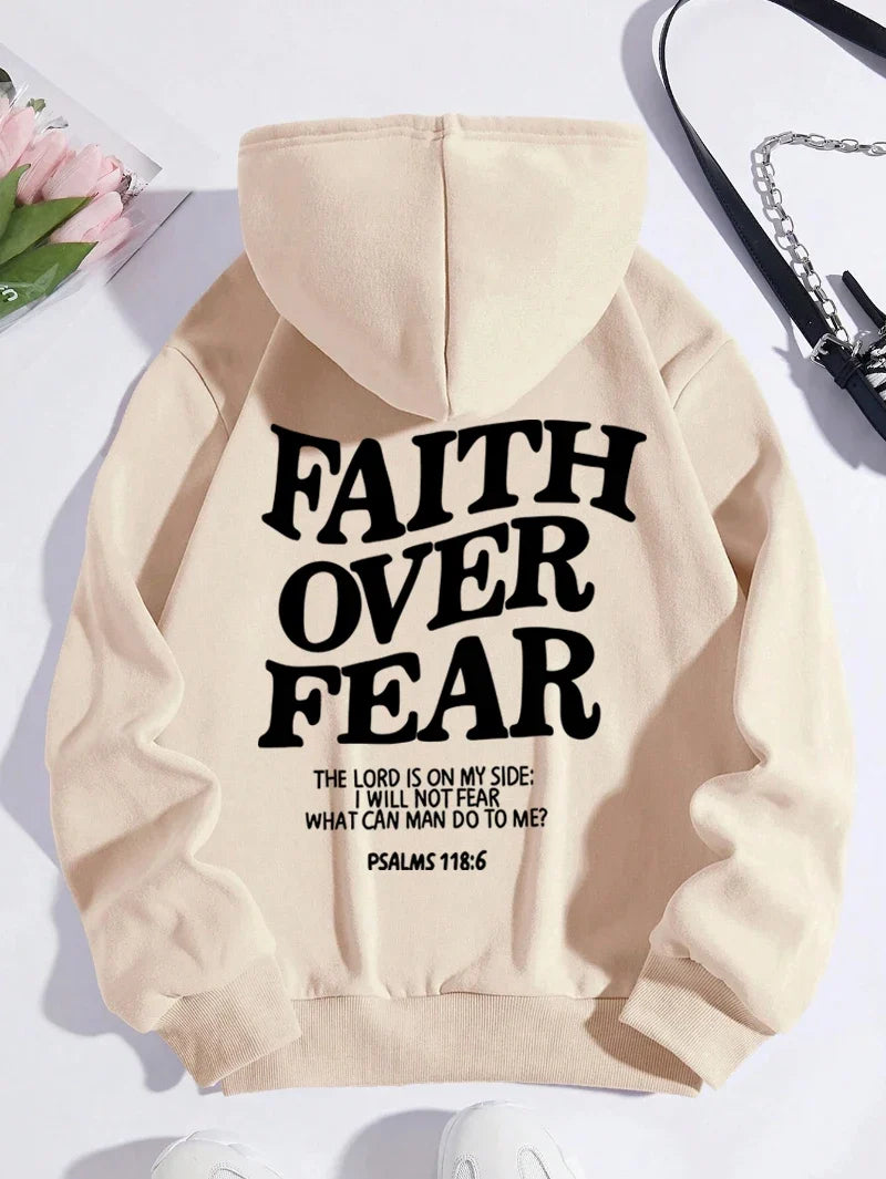 Hoodie mit Kapuze und "Faith Over Fear" Druck, lockere Passform