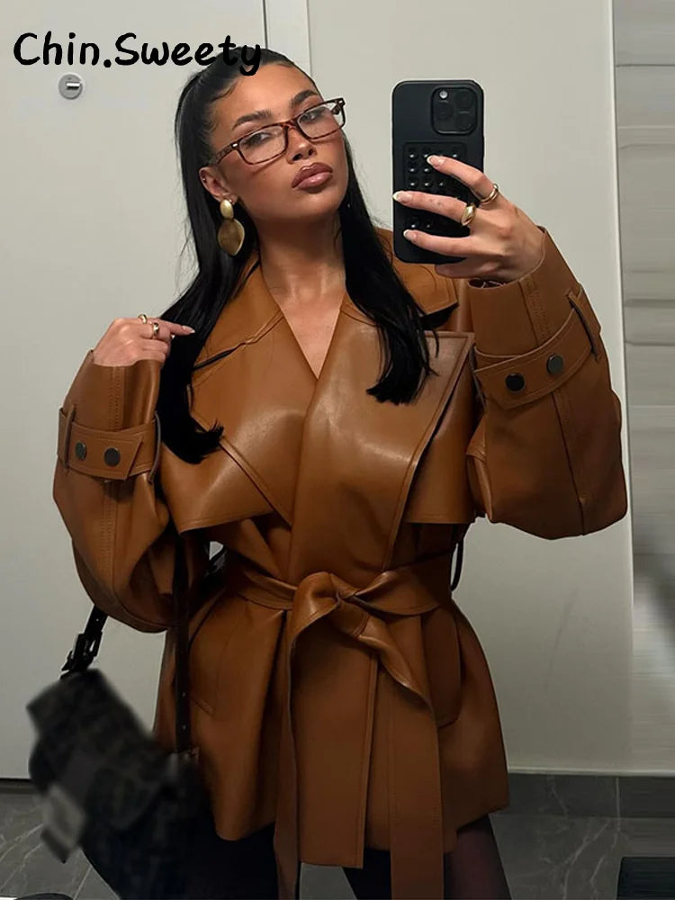 Damen Kurzjacke mit Bindegürtel und Reverskragen