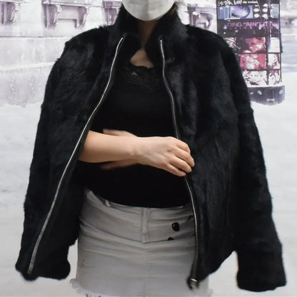 Damen Kurzmantel aus Kunstfell mit Stehkragen luxuriöse Winterjacke