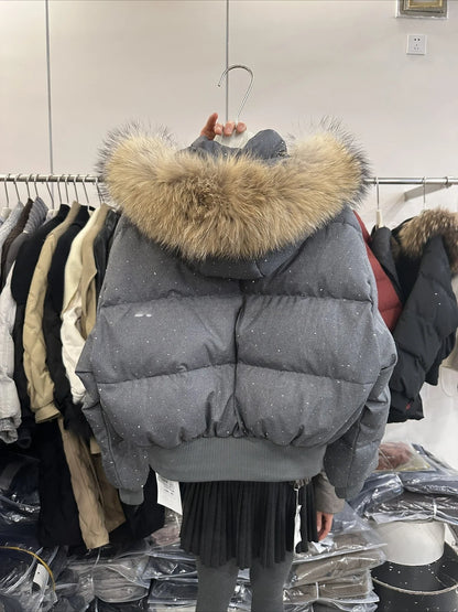 Damen Steppjacke mit Fellkapuze Glitzer-Details Winterjacke