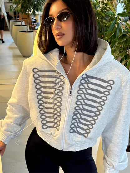 Kurze Damen Hoodie-Jacke mit Reißverschluss und Militär-Zierborten