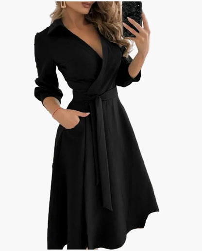 Damen Wickelkleid mit Gürtel – Elegantes Freizeitkleid mit Kragen und 3/4-Ärmeln für Alltag und Büro