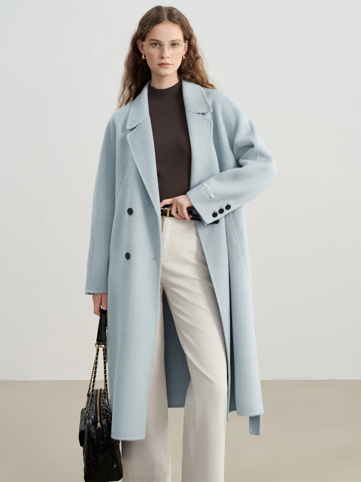 Damen Langer Mantel Zweireihig Hellblau Uni Wintermantel