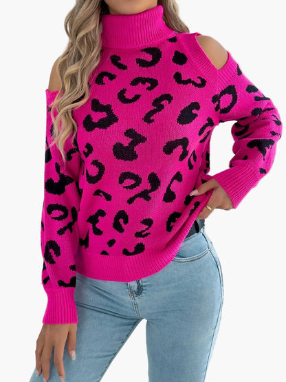 Damen Pullover mit Schulterfrei und Leopardenmuster – Modischer Strickpullover für Freizeit und Alltag