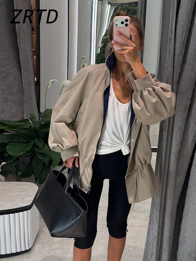 Damen Jacke mit Ballonärmeln, Tunnelzug und Stehkragen, Beige