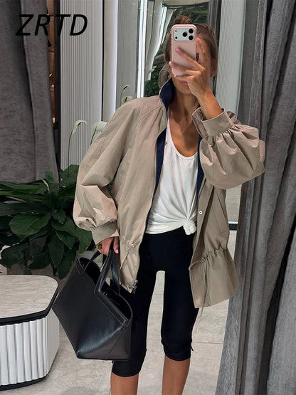 Damen Jacke mit Ballonärmeln, Tunnelzug und Stehkragen, Beige