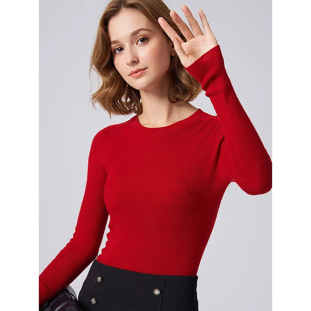 Damen Langarmshirt Rundhals Basic Slim Fit Pullover Gerippt