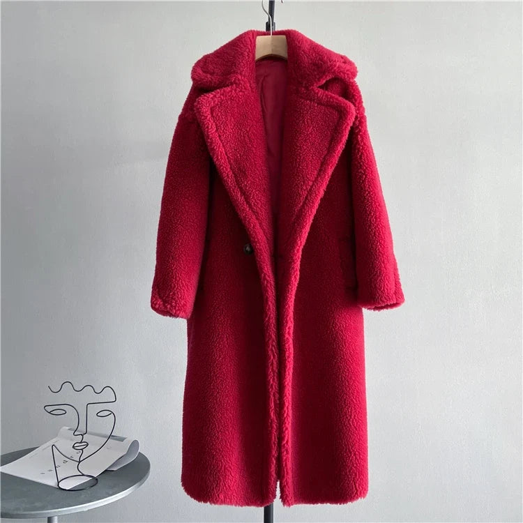 Damen Teddy-Mantel mit Reverskragen Lang Warmer Plüschmantel